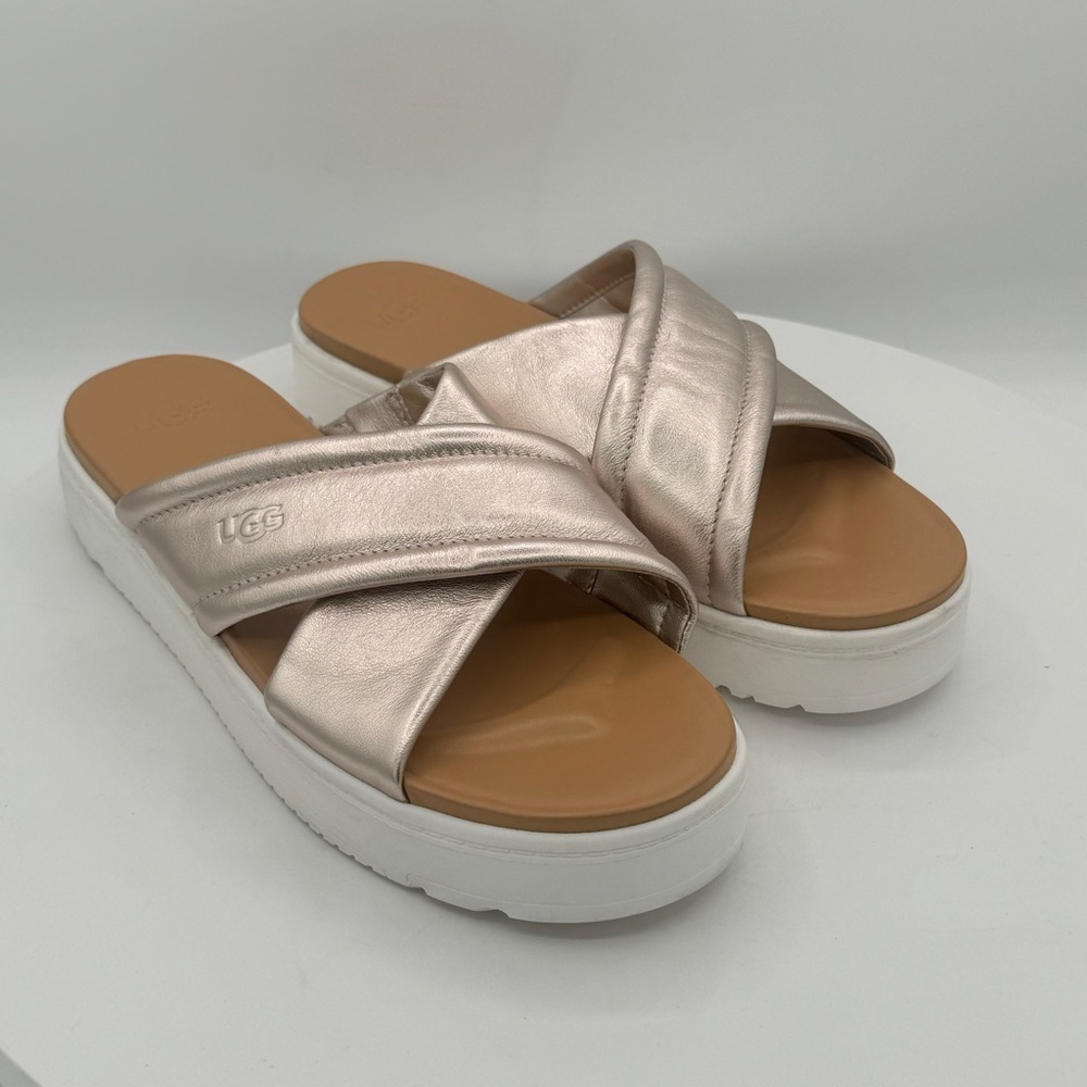 UGG Zayne Gold Crossband Slide On Leather Women Sandals Size 9.5